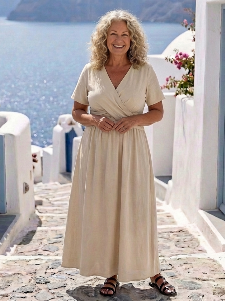 Alvara | V-Ausschnitt Kurzarm Wickel Taille Midi Kleid