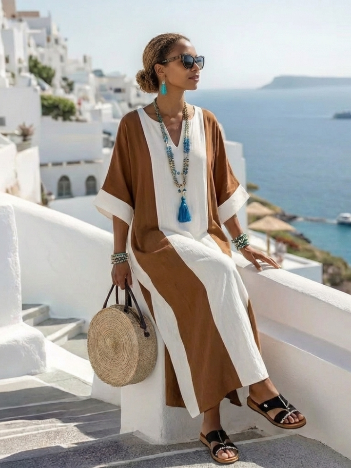 Calindra | Kurzarm Farbblock Relaxed Maxikleid