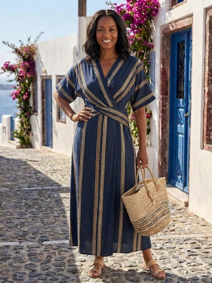 Saphira | V-Ausschnitt Kurzarm Gestreiftes Wickel-Midi-Kleid