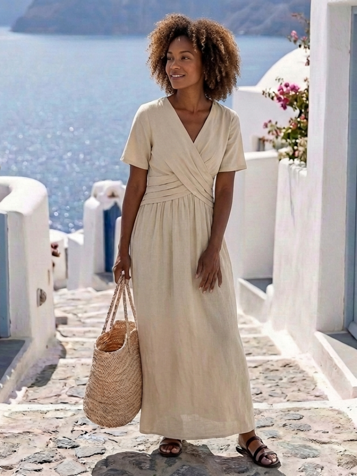 Alvara | V-Ausschnitt Kurzarm Wickel Taille Midi Kleid