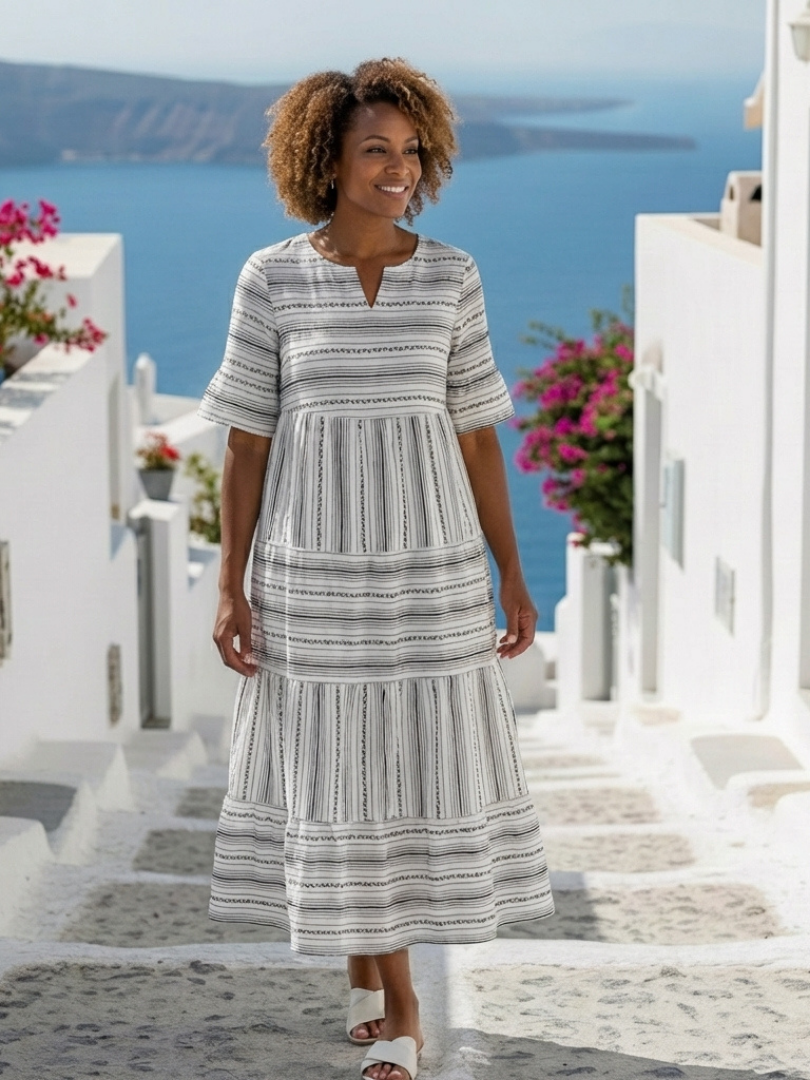 Parisa | Kurzarm Gestreiftes Tiered Midi Kleid
