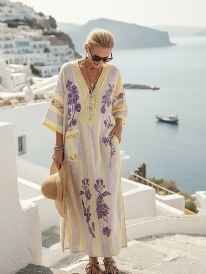 Aurelia | V-Ausschnitt Halbarm Gestreiftes Blumenkleid Maxi