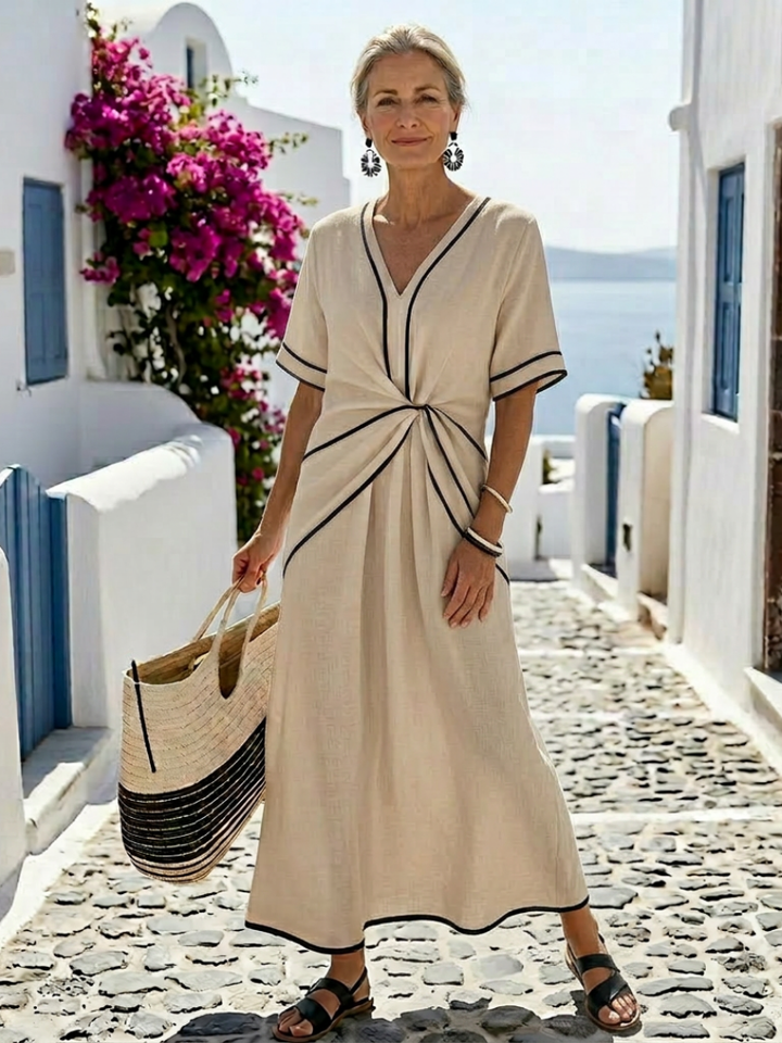 Linnea | V-Ausschnitt Midi-Kleid mit kurzen Ärmeln und gerafftem Bund