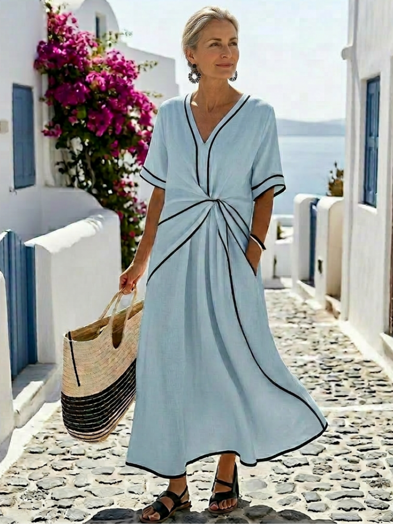 Linnea | V-Ausschnitt Midi-Kleid mit kurzen Ärmeln und gerafftem Bund
